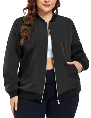 FOREYOND Women's Plus Size Bomber Jacket Zip Up Lightweight Coat Casual Cropped Windbreaker Outwear with Pockets
