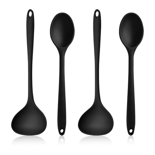 4 Stück Langstielige Suppenkelle Schöpfer Silikon Set, Schöpfkelle Schöpflöffel Set, Suppenkelle Kochlöffel Set, Schöpflöffel Groß für Kochen Rühren Camping Küche, spülmaschinengeeignet ﻿