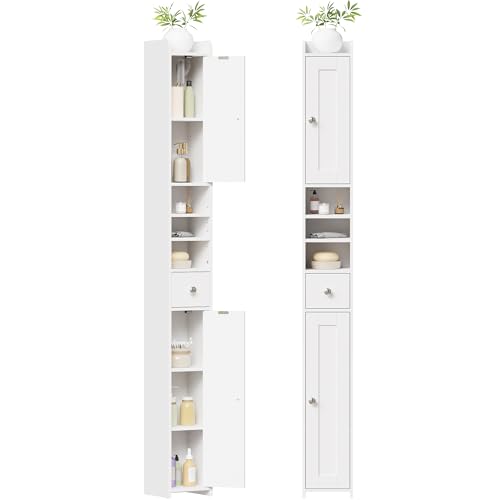 BEWISHOME Mobiletto da Bagno Stretto, Mobile da Bagno Alto,Armadio da contenitore Stretto, Colonna Bagno Alto, per Piccoli Spazi, Moderno,20x20x180 cm, Bianco EYYG07W