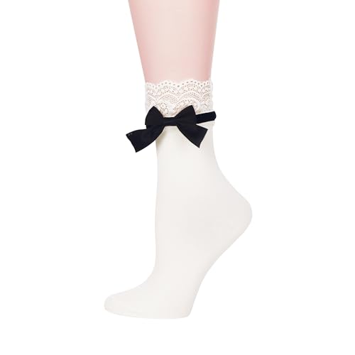 Violet Mist Lace Ruffle Crew Socks for Women Girls Bow Frilly Trim Cotton Cute Kawaii Lovely Fancy Lolita Goth Dress Socks