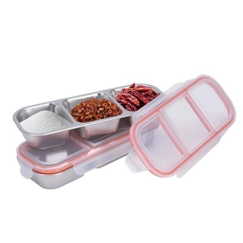 Punorric 2 Pack Stainless Steel Pizza Topping Station with 2/3 Compartments Stainless Steel Clear Condiment Caddy with Lid Spice Containers for Salad Bar White Pizza Accessories