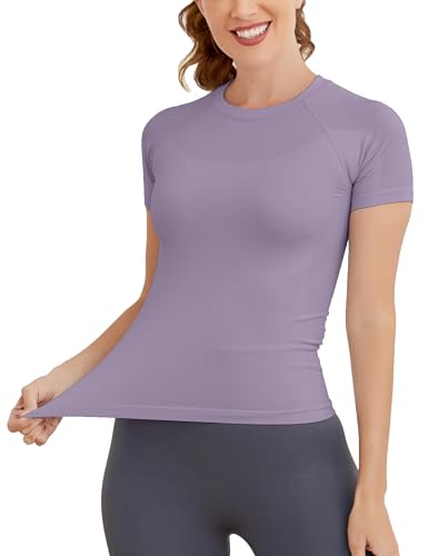 Image of MathCat Short Sleeve Workout Tops for Women, Seamless Women's Compression Shirt, Yoga Running Athletic Shirts Soft Gym Tops