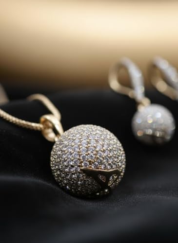 Gold Plated Crystal Pendant Necklace And Drop Earrings Set For Women – Round Pavé Stone Ball Pendant Jewelry Set, Elegant Lightweight Fashion Jewelry For Party, Wedding, Anniversary_5062 image 4
