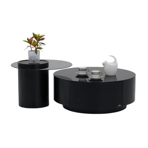 Image of Royaloak Turin Italian Glass Coffee Table Set of 2 | Coffee Table for Living Room with Tempered Glass & Glossy Finish | Nesting Design with Drawer Storage | Modern Centre Design
