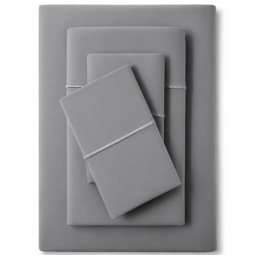 Image of Feather & Stitch 500 TC Full Size 4pc Damask Bed Sheet Set, 100% Soft Cotton Breathable Bedsheets, 18 inch Deep Pockets Sateen Weave Solid Bedding Mattress Resort Hotel Luxury Decor - (Ash Grey)