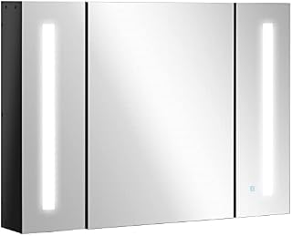 kleankin LED Bathroom Cabinet with Mirror, Wall Mounted Dimmable Brightness Storage Organiser with 3 Mirrored Doors and Adjustable Shelves, Memory Function, USB Charge, High Gloss Black