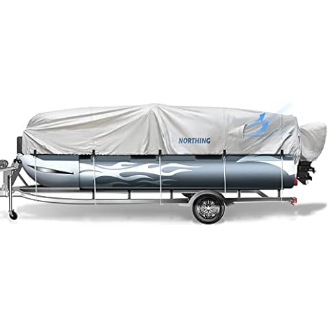 Pontoon Boat Cover, NORTHING Upgraded Silver-Coated 900D Boat Cover for pontoon, Deck Boat,Waterproof Trailerable Pontoon Boat Cover with Motor Cover,Support Pole(Length:17’-20’Beam Width: up to 102”) Cover