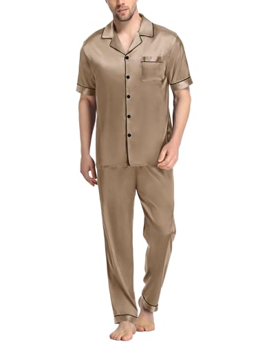 Image of SWOMOG Mens Satin Pajama Set Short Sleeve Classic Sleepwear Button Down Silky Loungewear with Long Pants