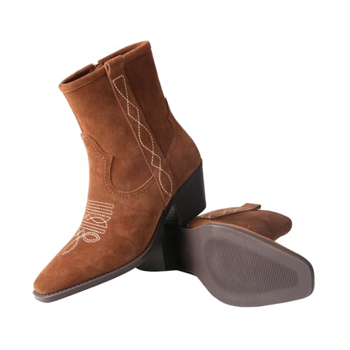 TMA EYES Women's Low-Heeled Pointy Ankle Western Boots With Side Zipper4