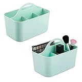 mDesign Plastic Makeup Storage Organizer Caddy Tote - Divided Basket Bin, Handle for Bathroom - Holds Eyeshadow Palettes, Nail Polish, Makeup Brushes, Blush, Shower Essentials - Small, 2 Pack - Mint
