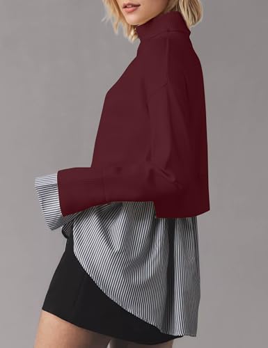 Image of MISSACTIVER Women Slit Turtleneck Patchwork Sweater 2 in 1 Buttons Down Pullover Knit Sweater Asymmetrical Hem Shirt Top