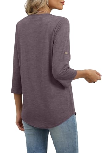 Image of XIEERDUO 3 /4 Length Sleeve Womens Tops V Neck T Shirts Both Side Buttons Blouses Business Casual Outfits Loose Fit