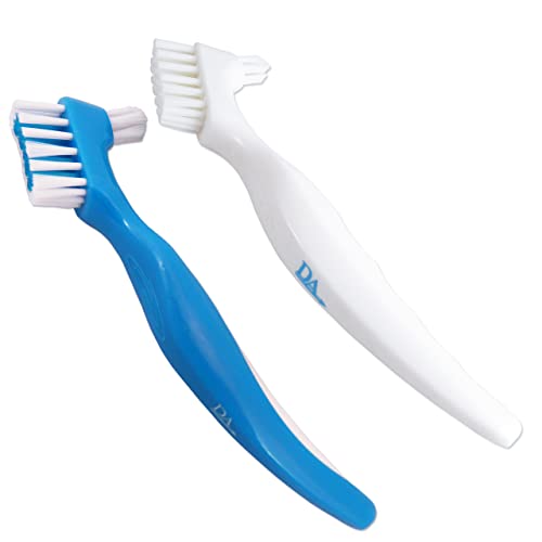 Cepillo para Dentadura (Set de 2) Cepillos Azul y Blanco ~ Mango de Fácil Agarre, Doble Cabeza de Cerdas Cover