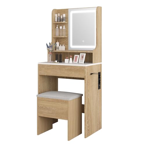YOURLITE Ensemble de Coiffeuse et Tabouret avec Rangement, Table de Maquillage avec Miroir LED, Lumière avec 3 Couleurs Réglable et Luminosité Dimmable, Support...