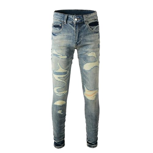 Jeans Pants Trouser Denim Men Stretch Slim Fit Trendy Street Worn Hole Washed Blue Grinding Fading Patched Casual Small Leg(Light Blue,31)