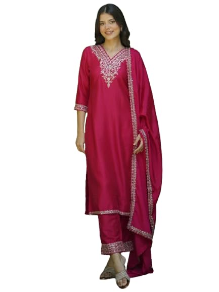 Image of Libas Womens Yoke Design Silk Blend Straight Kurta With Trousers and Dupatta | daily wear suit