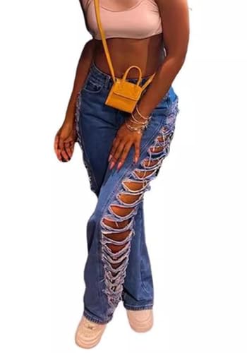 Women's High Waisted Ripped Jeans Side Cut-Outs Destroyed Frayed Tassels Distressed Denim Pants