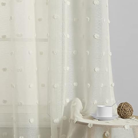 Joywell Creme Durchsichtige Vorhänge Küche Badezimmer Pom Pom durchsichtige Vorhänge Gepunktete Textur Boho Semi Sheer Vorhänge Tülle 2er Set BxH 140x225 Cover