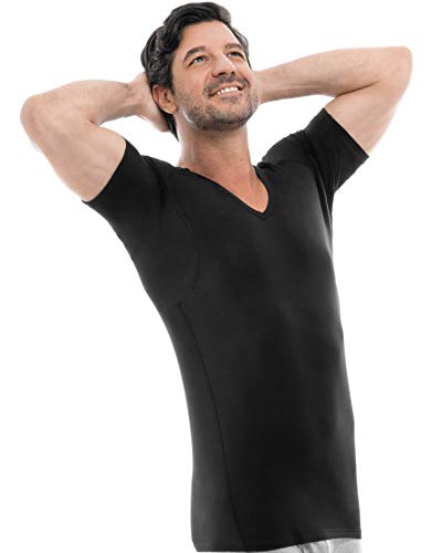 SWEAT-SAFE COMPANY® Camiseta antisudor contra manchas de sudor – Minimiza los olores – Sustituye a las almohadillas de sudor – Camiseta interior de negocios para hombre – En hiperhidrosis, Negro , XXL