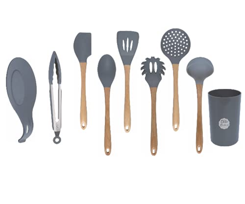 Premium Silicone Cooking Utensils Set, 9 Piece Gray Kitchen Utensil - 446°F Heat Resistant, Polished Wooden Handles, Non Toxic Safe Cooking Tools Non-stick Cookware Holder, Rustic Serving Gadgets