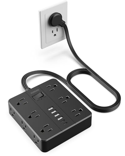 Flat Plug Power Strip, 5Ft Extension Cord with Multiple Outlets | HUNIAN 12 Widely Spaced Outlets 6 USB Charger (2 USB C Ports), Desk Charging Station for Home Office Supplies, Black miniatura 1