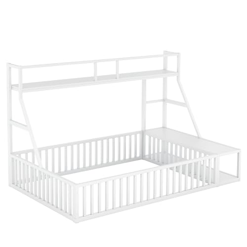 Japovker Full Toddler Floor Bed, Metal Montessori Floor Bed with Fence Kids Bedframe with Desk and Storage for Kids Boys Girls, No Box Spring Needed, Easy Assemble (Off White, Full)