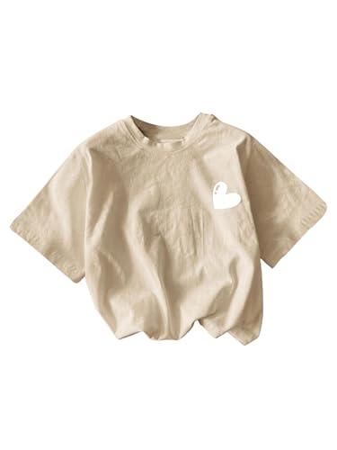 Image of RoseSeek Girl's Heart Print Drop Shoulder T Shirt Casual Short Sleeve Crew Neck Graphic Tee Tops