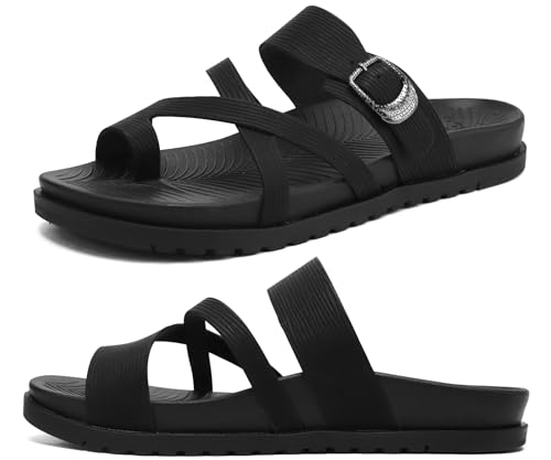 KuaiLu Womens Orthopedic Sandals With Comfortable Arch Support Cushion Yoga Mat Slides Fashion Summer Beach Flat Sandles Adjustable Open Toe Travel Outdoor Plantar Fasciitis Flip Flops Black 10