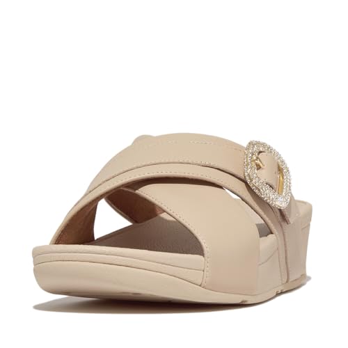 Image of FitFlop Lulu Crystal-Buckle Leather Cross Slides