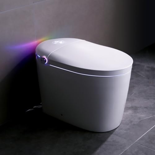 Inodoro inteligente, sanitario todo en uno con bidé, descarga automática, tapa automática, sensor de pie, asiento con calefacción, secado con aire tibio, luz nocturna, respaldo de batería de 9V, inodoro moderno alargado de cerámica para baño miniatura 1