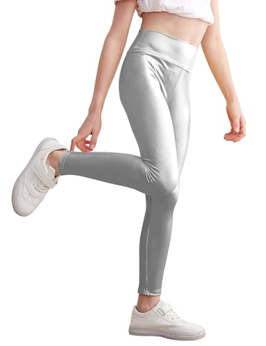 Gnainach Girls Metallic Leggings Size 8-9 Years Old Shiny Silver Dance Yoga Pants Fashion Sparkly High Rise Tights for Child Competition