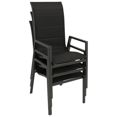 DEGAMO Gartenstuhl Stapelsessel Lagos Hochlehner, Aluminium anthrazit + Kunstgewebe gepolstert schwarz, wetterfest, Outdoor, 4 STÜCK