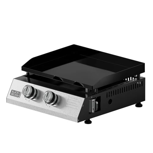 Black+Decker – Plancha de gas BXOP4900E | 2 quemadores 2,45kW | Parrilla de acero | Superficie cocción 580x360cm | Limpieza Fácil | 10 Personas | Alimentación gas butano/propano | Patas Ajustables