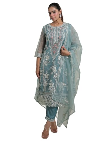 Image of INDO ERA Women's Organza Floral Embroidered Straight Kurta & Pant with Dupatta Set (IESTR10756)