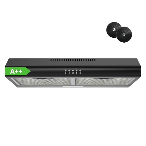FIREGAS Hotte Aspirante 60cm Noire A++, Moteur Brushless Silencieuse 46dB, Débit 319m³/h, Hotte Cuisine avec Filtres à Charbon, Évacuation Top/Arrière ou...