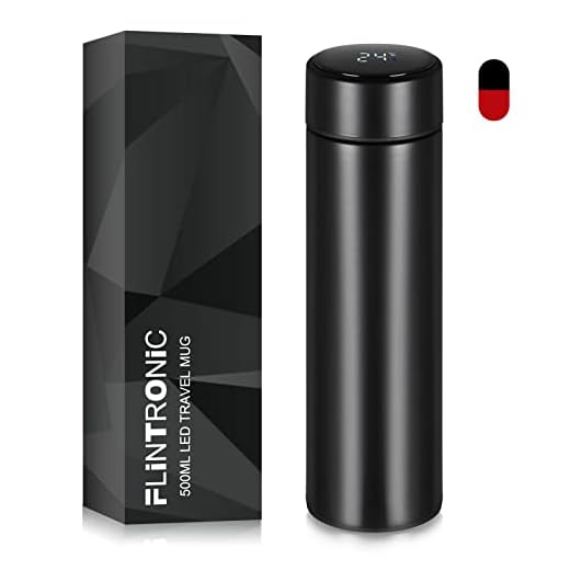 flintronic® Taza de Viaje, Termo Taza 500ML Travel Mug, Frasco de Vacío de Acero Inoxidable, Pantalla LCD Táctil Inteligente, Térmica de Doble Pared, Aislado al Vacío, con Portavasos y Cepillo - Negro