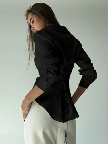 Image of OOMPH! Women Solid Cotton Shirt with Back Tie-Up Detail | Corset Style | Cinched Waist Shirt | Cotton Formal Shirt