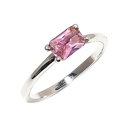 Morganite Gemstone Band For Girls/Solitaire Stacked Rings For Woman / 925 Sterling Silver Ring / 4X6 Mm (Silver, 5.5) #TOP1