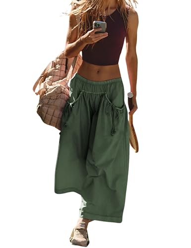Hooever Women's Loose Wide Leg Track Pants Drawstring Pockets Elastic Waist Capri Hiking Pants(ArmyGreen-M)