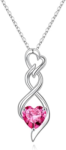 October Birthstone Necklace for Women, Dainty Pink Sapphire Necklace Jewelry 925 Sterling Silver Heart Birthstone Necklace Valentines Day Gifts for Her Anniversary Birthday Christmas Birthday Gifts for Mom Wife