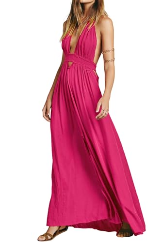 Image of R.Vivimos Boho Maxi Dresses for Women 2026 Summer Sleeveless Halter Elastic Waist Sexy Backless Front Slit Flowy Long Dresses