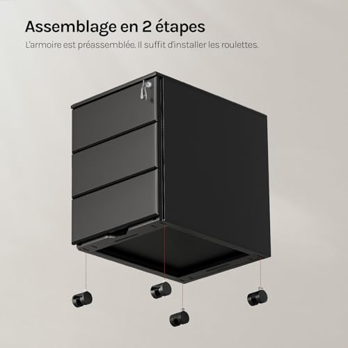 Caisson bureau 3 tiroirs à clé noir acier WOLTU