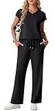 GRECERELLE Tracksuit Womens Full Set Summer Short Sleeve Lounge Wear Sets for Women Two Piece Outfits Casual V Neck Ladies Tops and Gym Activewear Bottoms with Pockets (Black, L)