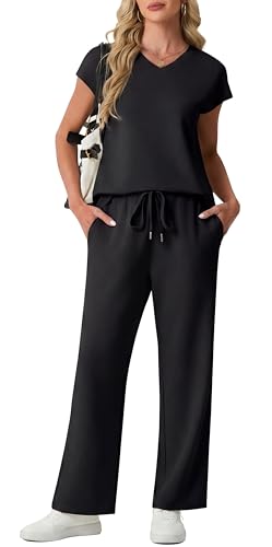 GRECERELLE Conjunto completo de chándal para mujer, de manga corta, de verano, para descansar, conjunto de dos piezas, casual, cuello en V, tops y pantalones deportivos para gimnasio con bolsillos