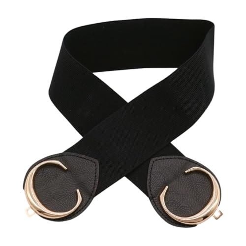 Adjustable Waist Cinch Belt for Women – Black Elastic Wide Belt with Gold Double C Buckle for Dress, Blazer, Coat – Size S/M WB52
