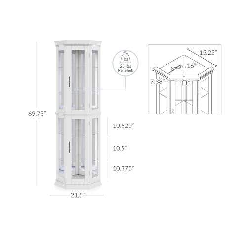 Image of BELLEZE Lighted 3-Side Glass Display Curio Cabinet w /Tempered Glass Doors & Shelves, Accent Wooden Corner Cabinet with Bulb, Corner Storage Decoration Rack for Living Room & Bed-Room Corona (White)