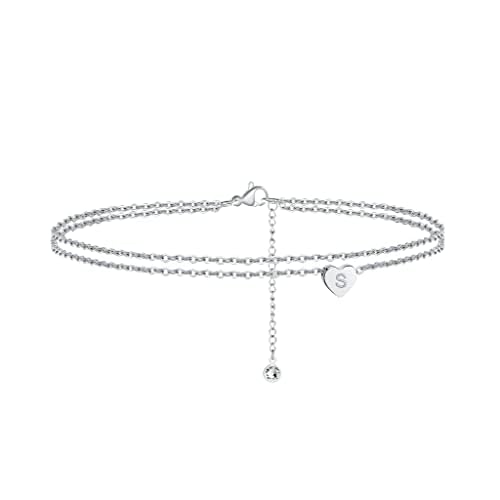 Silver Heart Initial Ankle Bracelets for Women, 14K White Gold Filled Handmade Dainty Layered Anklet With Letter Initial, Summer Foot Beach Jewelry