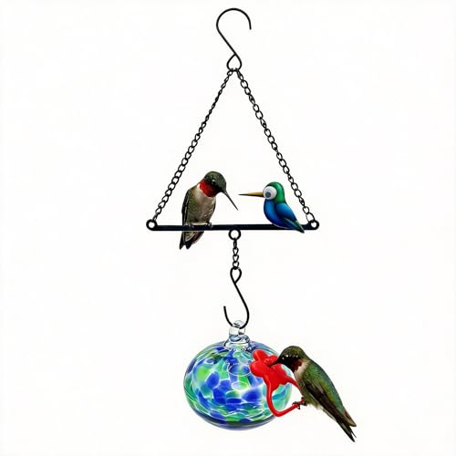 Headak Life Hummingbird Feeder for Outdoors Hanging Metal Hummingbird Swing with Hand Blown Glass Hummingbird Feeder Artistic Bird Perch & Garden Decor Unique Gardening Gifts for Women(Dotted Blue)