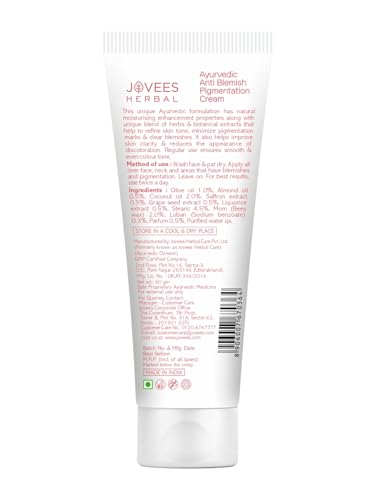 Jovees Herbal Anti Blemish Pigmentation Face Cream, 60 gms | All Skin Types | Paraben & Alcohol Free | Improves Skin Clarity & Reduces Discoloration