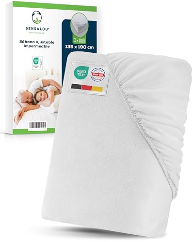 Sensalou Sábana Bajera Impermeable 135x190 cm en Rizo Acolchado, Protector de Colchón Doble Transpirable y Silencioso, Certificado Dermatext y Oeko-Tex, Lavable 95 °C